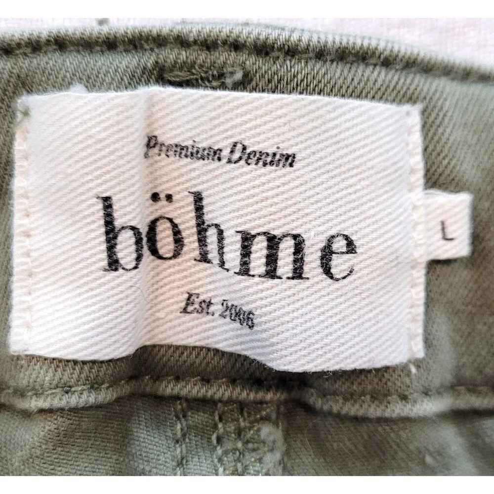 Bohme Women's L Olive Green High Waisted Shorts Frayed Hem Cotton Pockets Preppy